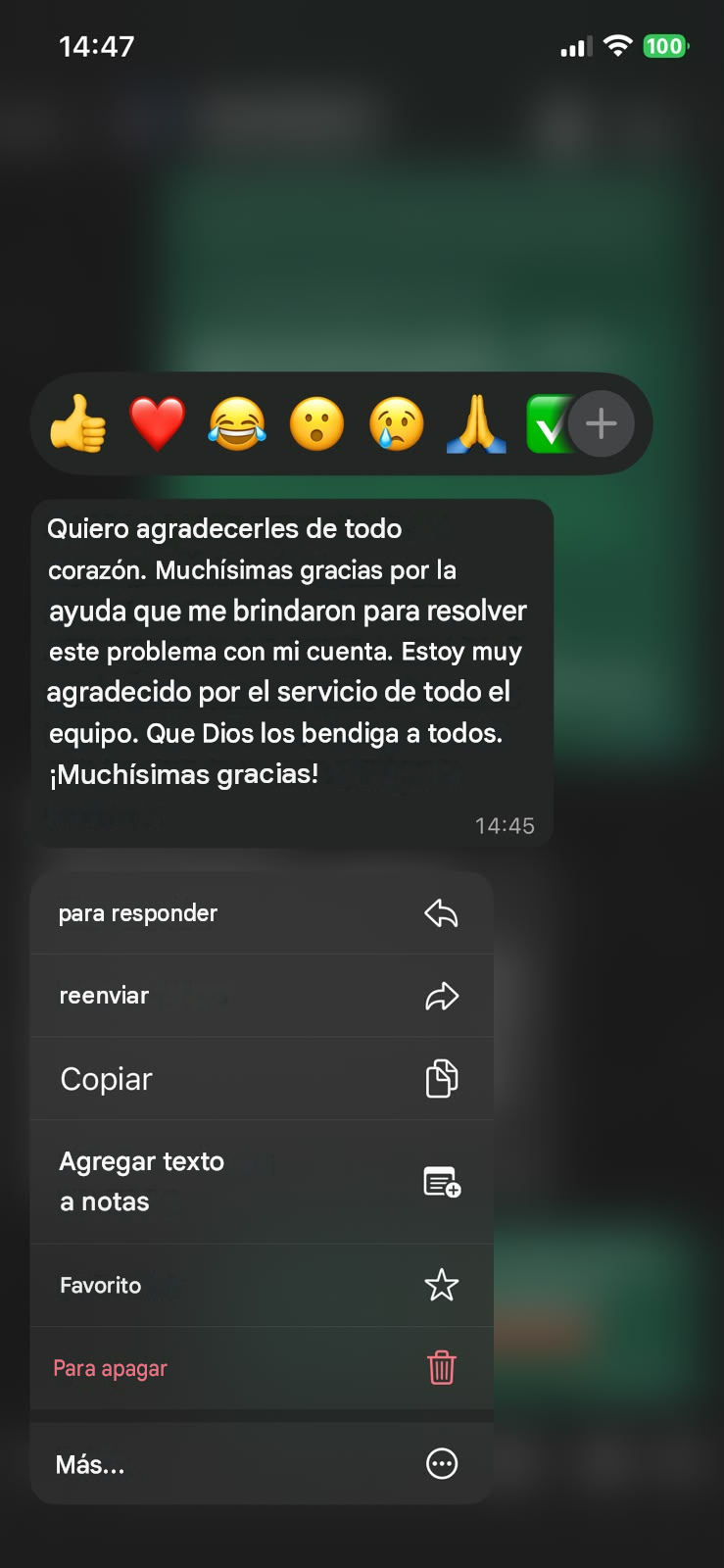 Agradecimiento de cliente por servicio técnico