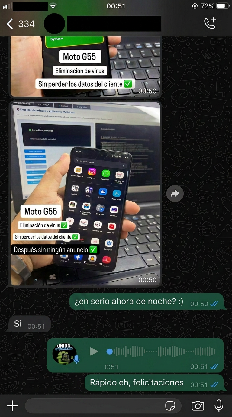 Print de WhatsApp de Moto G55 con virus eliminado sin pérdida de datos