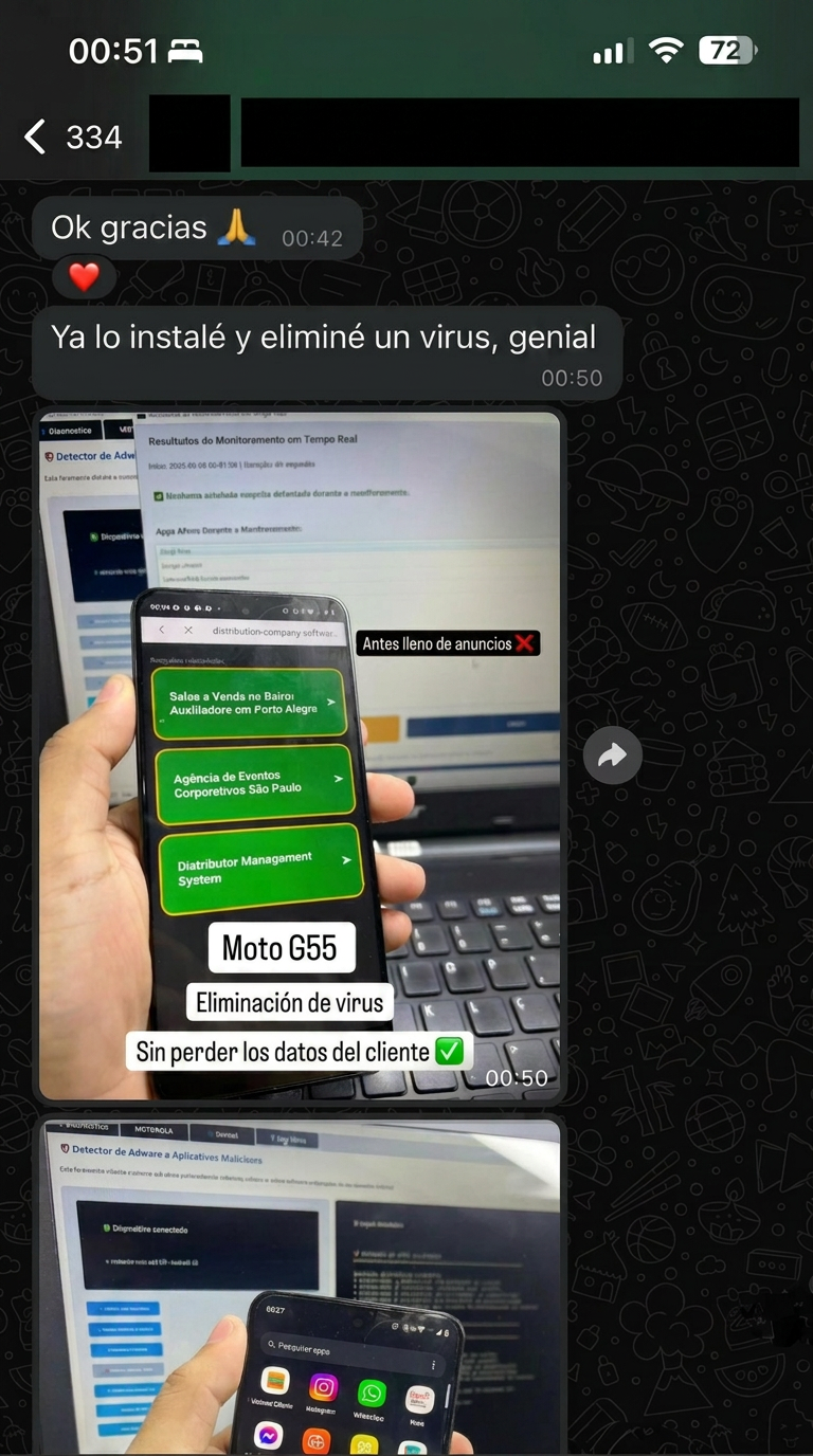 Print de WhatsApp comparando teléfono antes y después de limpiar anuncios
