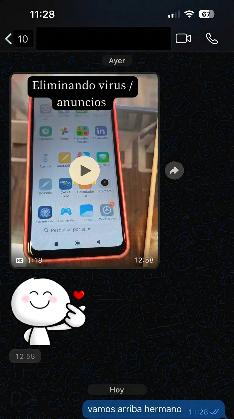 Print de WhatsApp mostrando limpieza de virus y anuncios en tiempo real