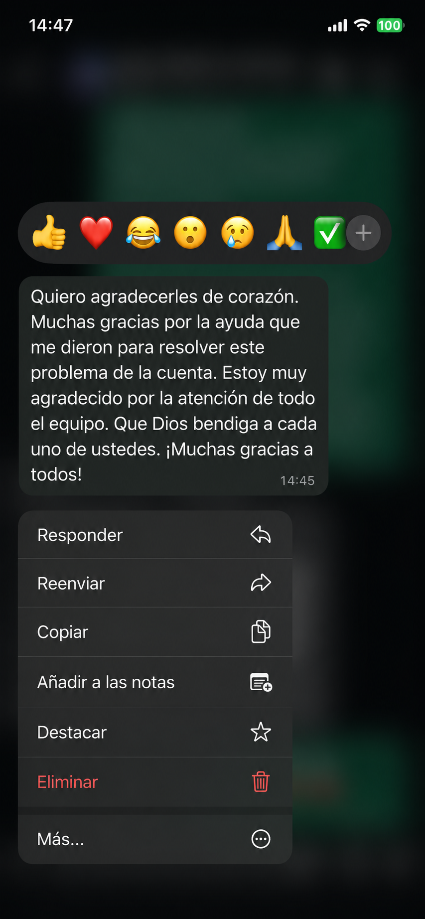 Técnico agradeciendo el soporte: 'Quiero agradecerles de corazón'.