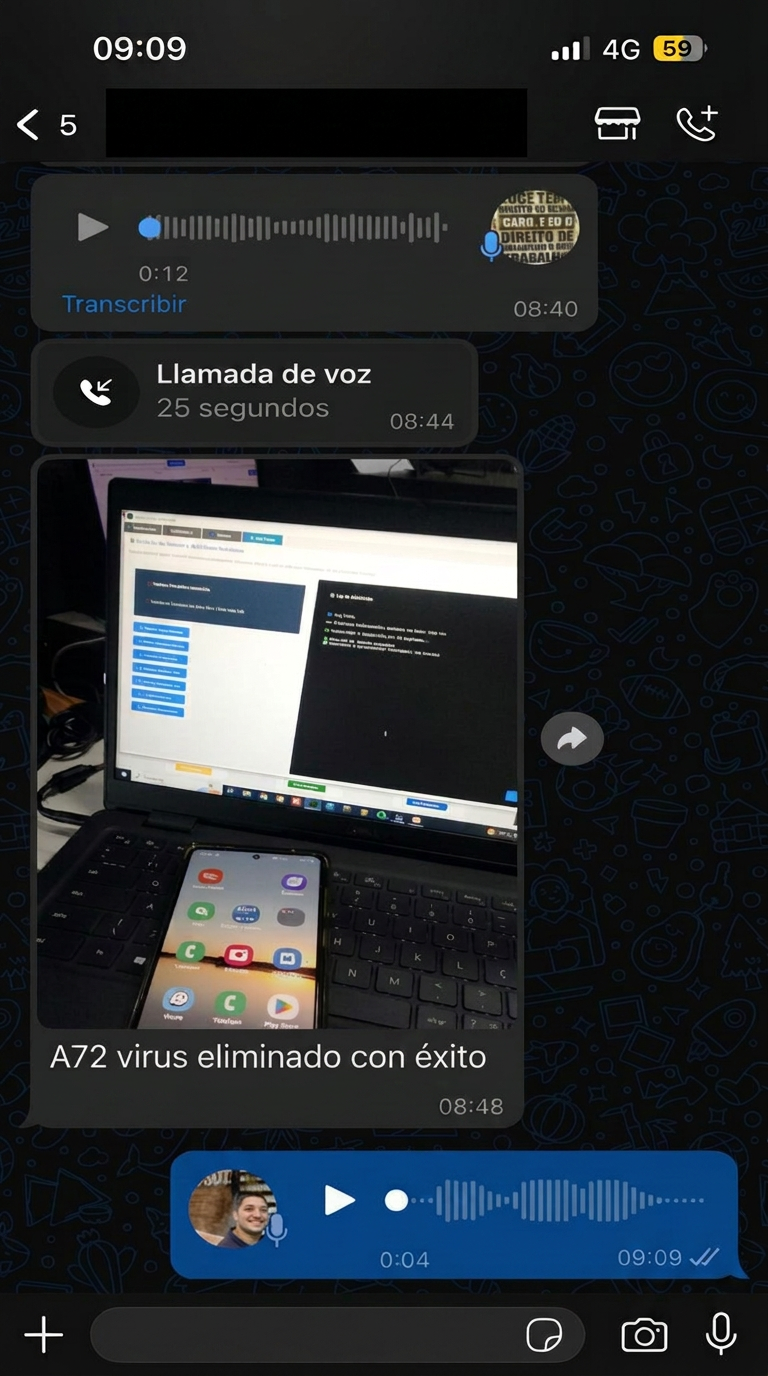 Print de WhatsApp mostrando Galaxy A72 con virus eliminado con éxito